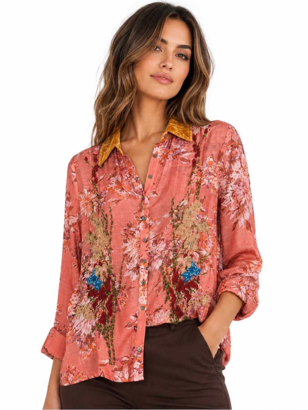 Aratta Gardenia Coral Embroidered Velvet Collar Blouse S NW